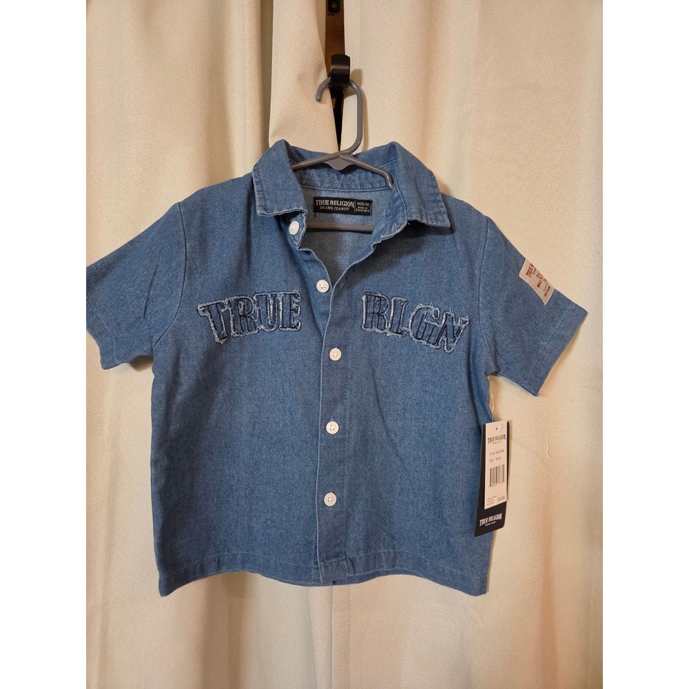 True Religion Boys Denim Short Sleeve Button Down Shirt Blue Size M 5/6 NWT